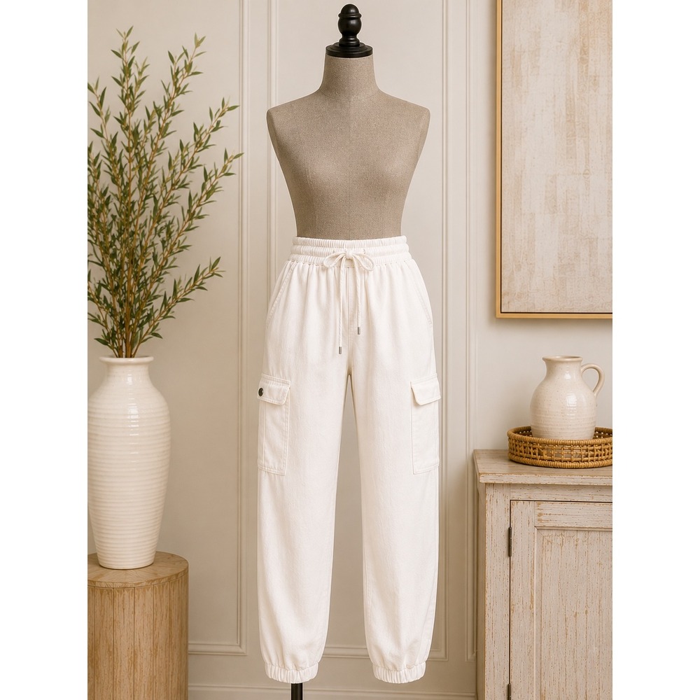 Love Tree White Linen Blend Cargo Jogger Pants Women Small Drawstring Elastic S
